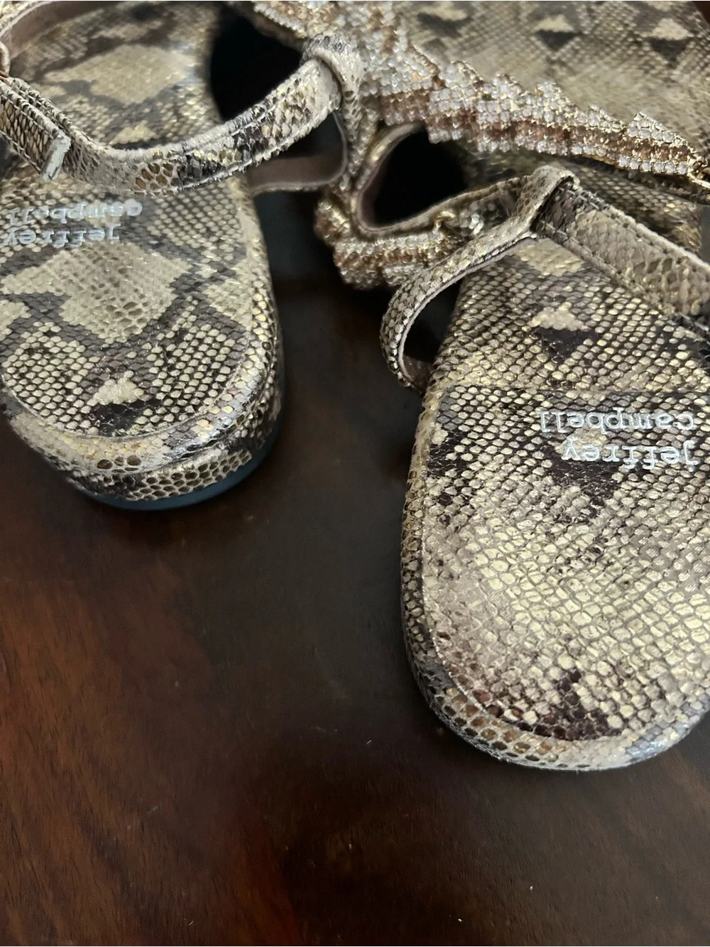 Jeffrey Campbell Gold Snakeskin Jeweled T-Strap Sandals